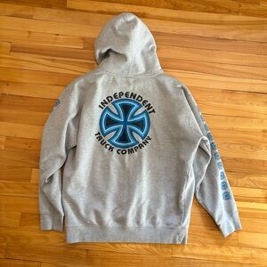 Independent Truck Company Gray Hoodie with Blue Logo and Sleeve Graphics